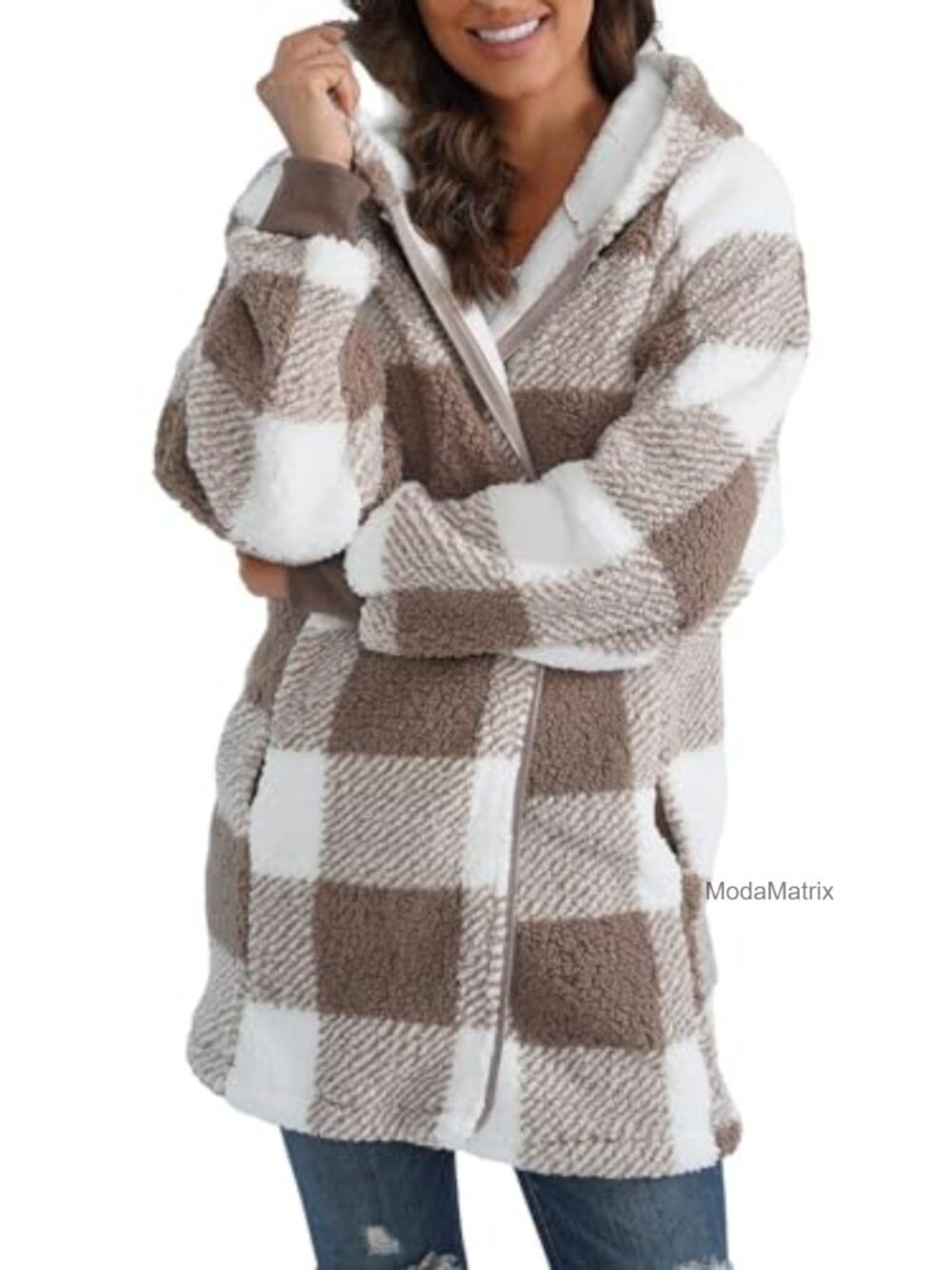 Women's Fleece Zip Up Jacket with Pockets Oversized Long Sherpa Hoodie Fuzzy